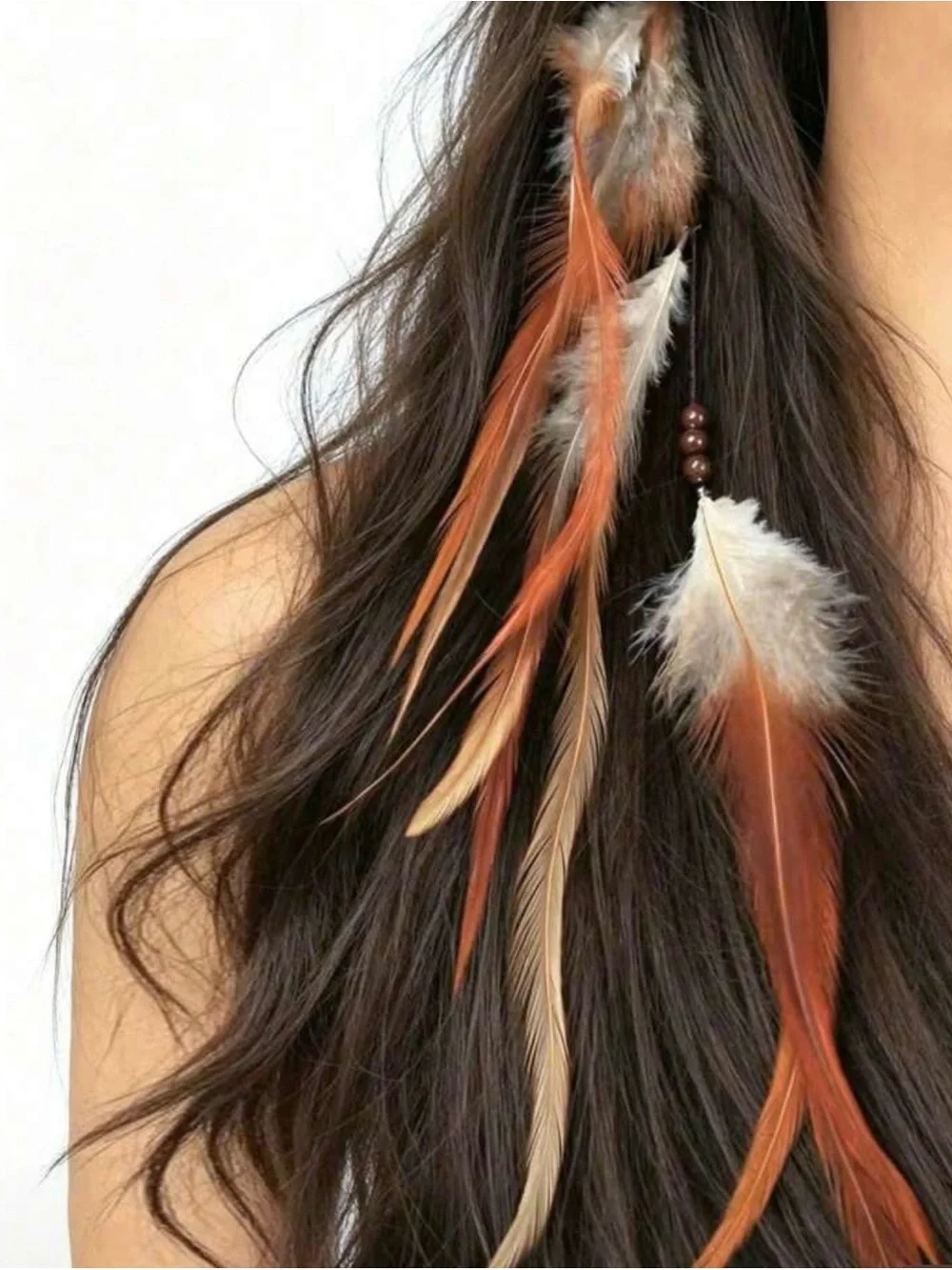 Boho Feather Hair Extension Clip - Rust Orange & Cream